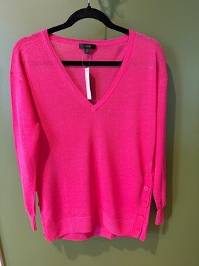 J. Crew Bright Pink V-Neck Side-Button Sweater, NWT